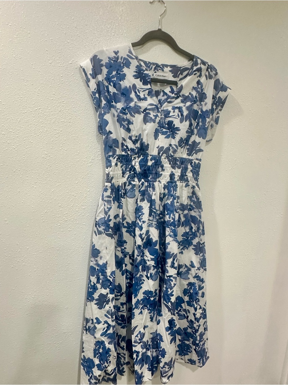 Calvin Klein White Midi Dress with Blue Floral Print